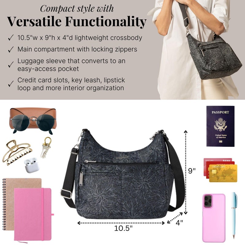 Baggallini SecurtexÂ® Anti-theft Free Time Crossbody Bag Cross Body, Midnight Blossom, One Size US - Image 4